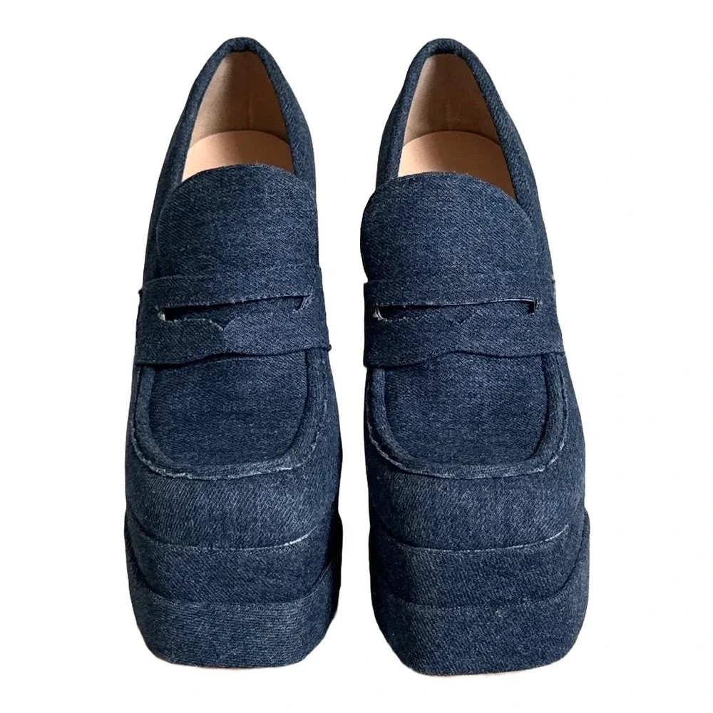 Shoedazzle Margaux Denim‎ Platform Penny Loafers Blue Block Heel Womens 9 EU 40